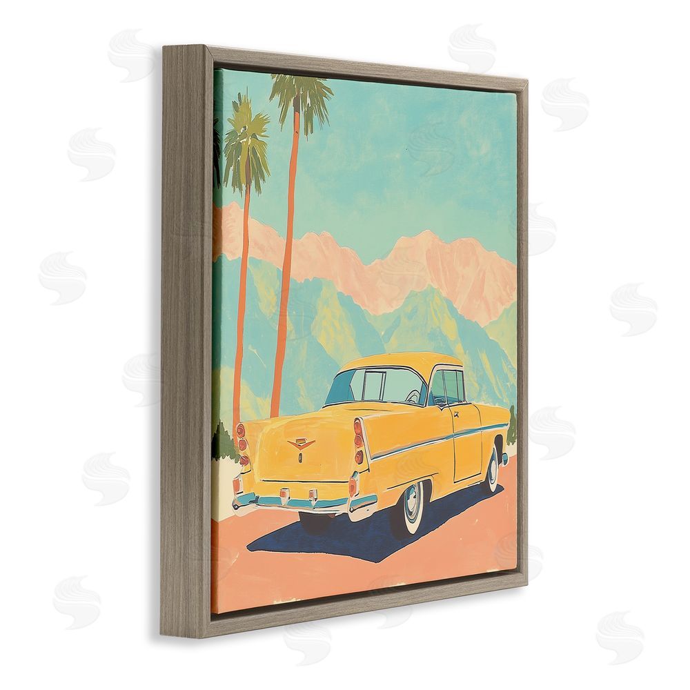 Walker Noble Classic Yellow Coupe & Palm Trees Brown Floating Frame Canvas Wall Art Print