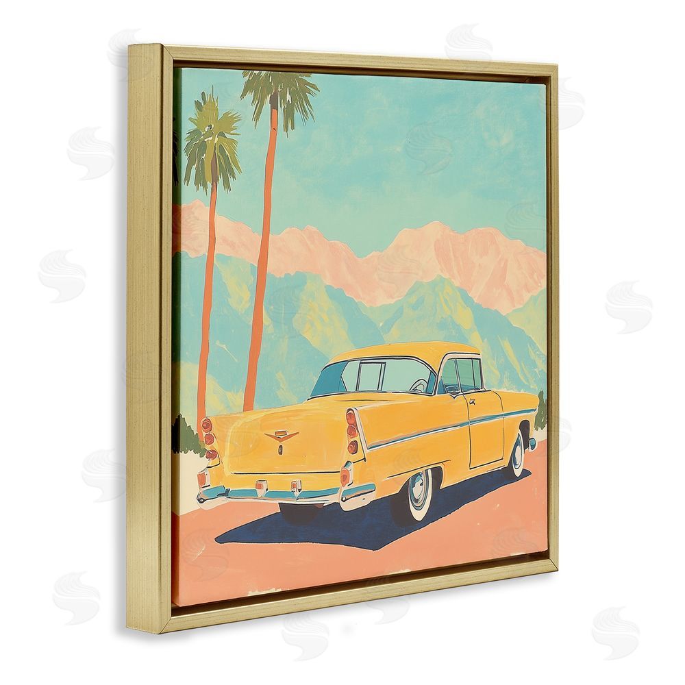 Walker Noble Classic Yellow Coupe & Palm Trees Gold Floating Frame Canvas Wall Art Print
