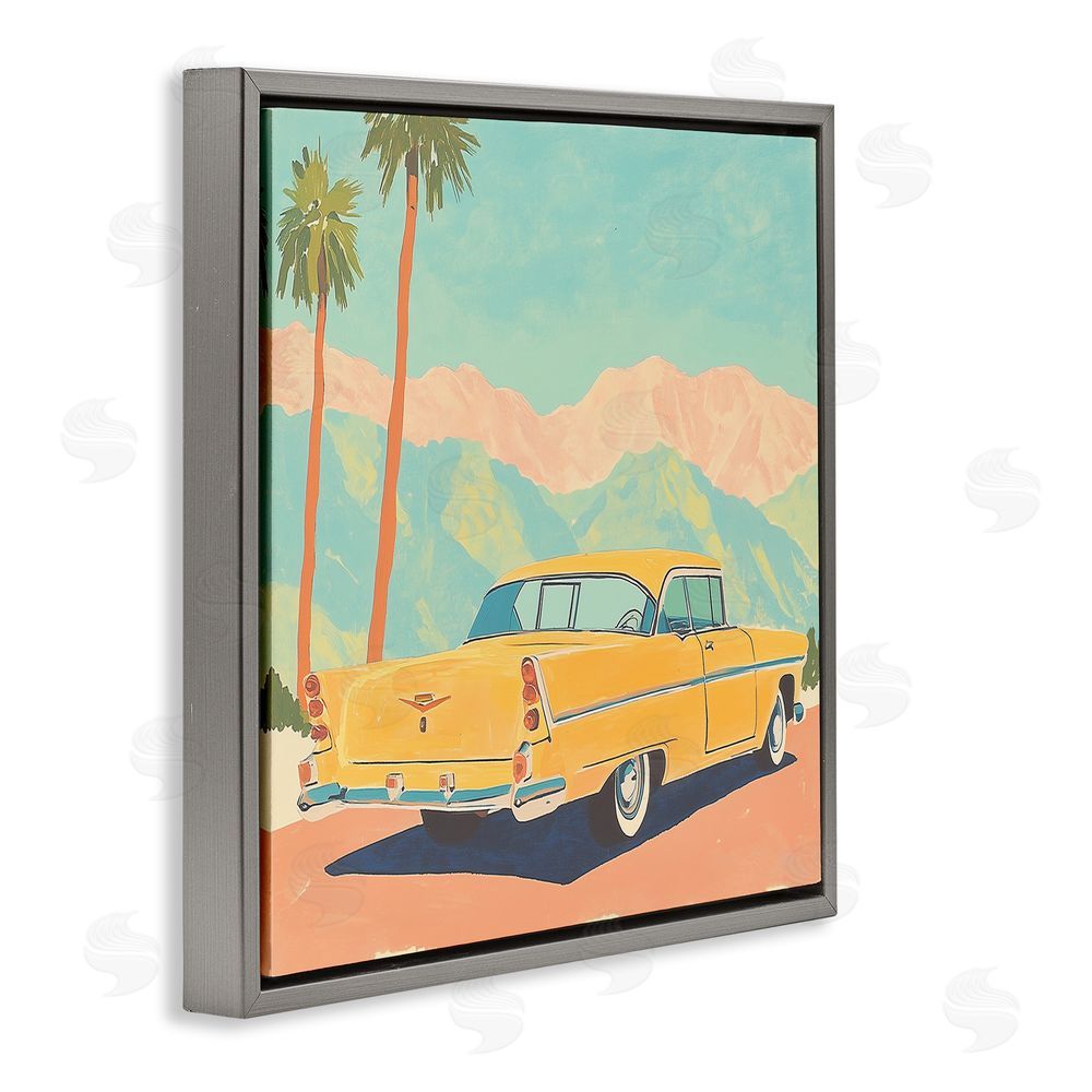 Walker Noble Classic Yellow Coupe & Palm Trees Gray Floating Frame Canvas Wall Art Print