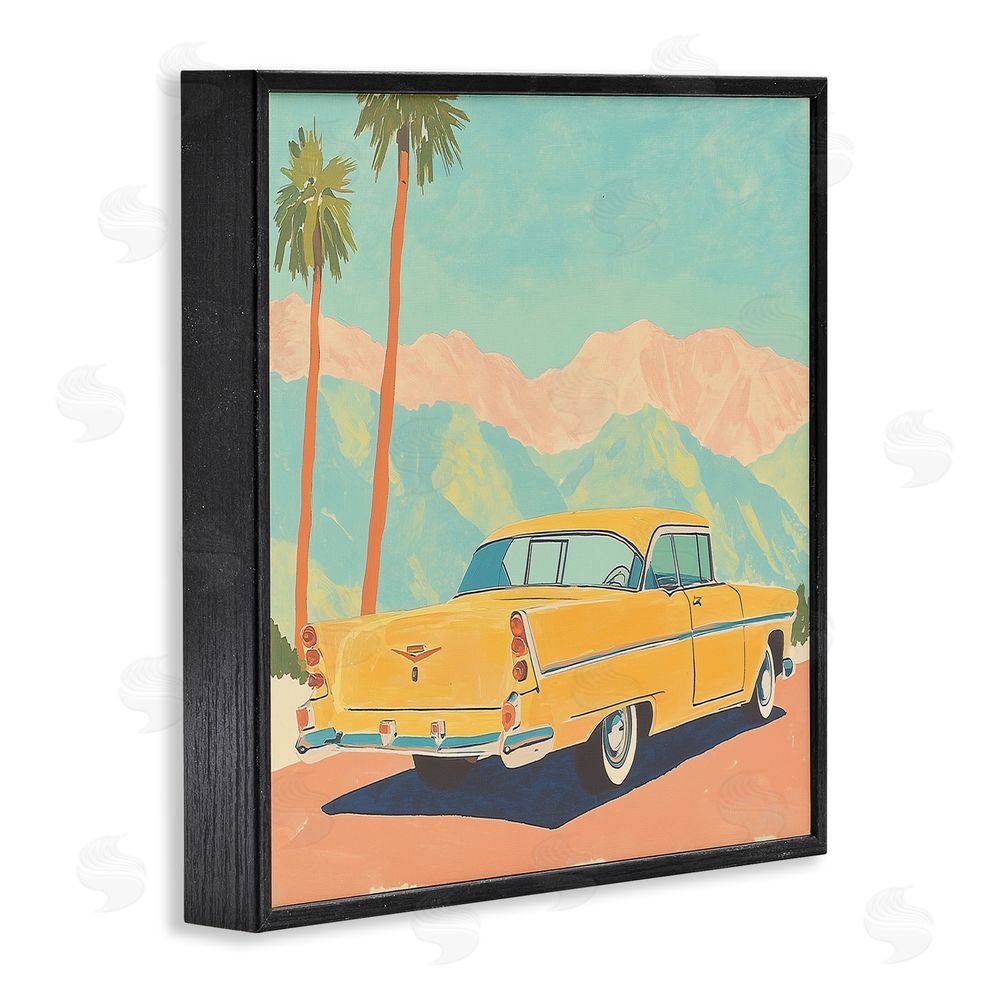 Walker Noble Classic Yellow Coupe & Palm Trees Black Framed Giclee Wall Art Print