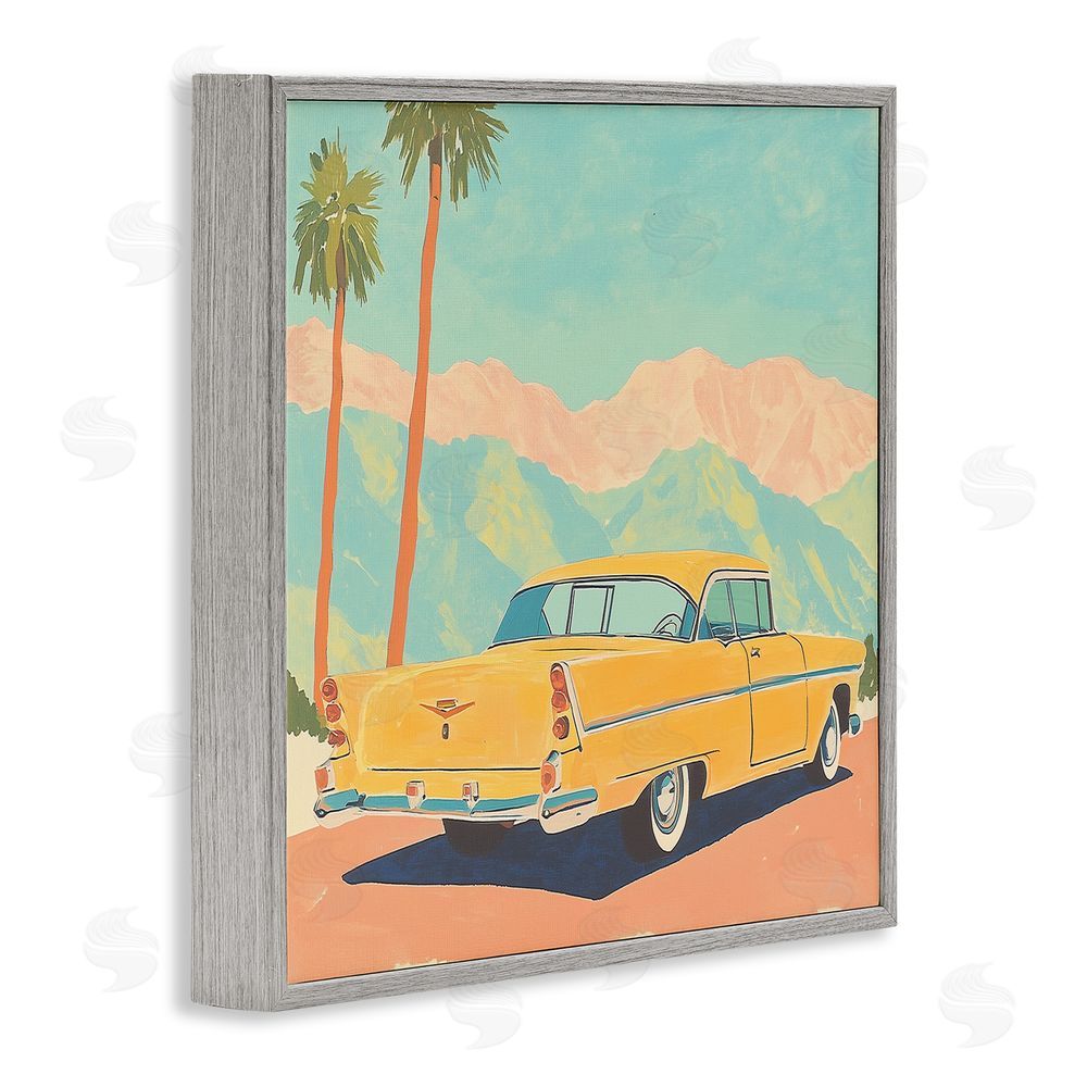 Walker Noble Classic Yellow Coupe & Palm Trees Gray Framed Giclee Wall Art Print