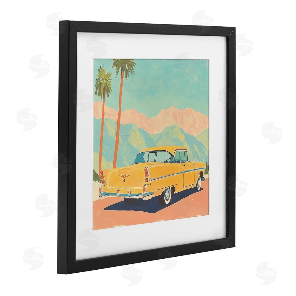 Walker Noble Classic Yellow Coupe & Palm Trees Black Framed Print Under Glass Wall Art