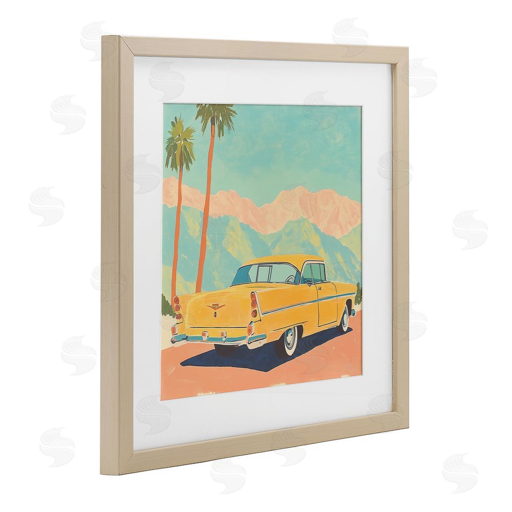 Walker Noble Classic Yellow Coupe & Palm Trees Brown Framed Print Under Glass Wall Art
