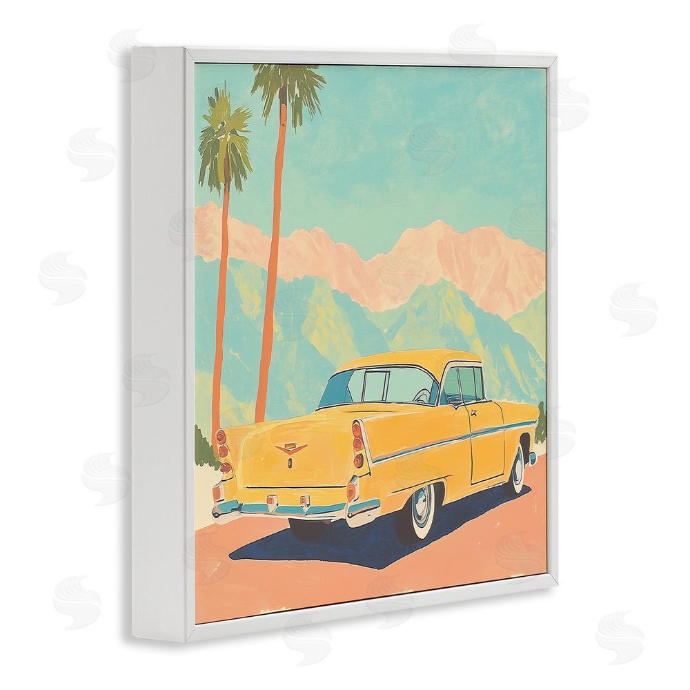Walker Noble Classic Yellow Coupe & Palm Trees White Framed Giclee Wall Art Print