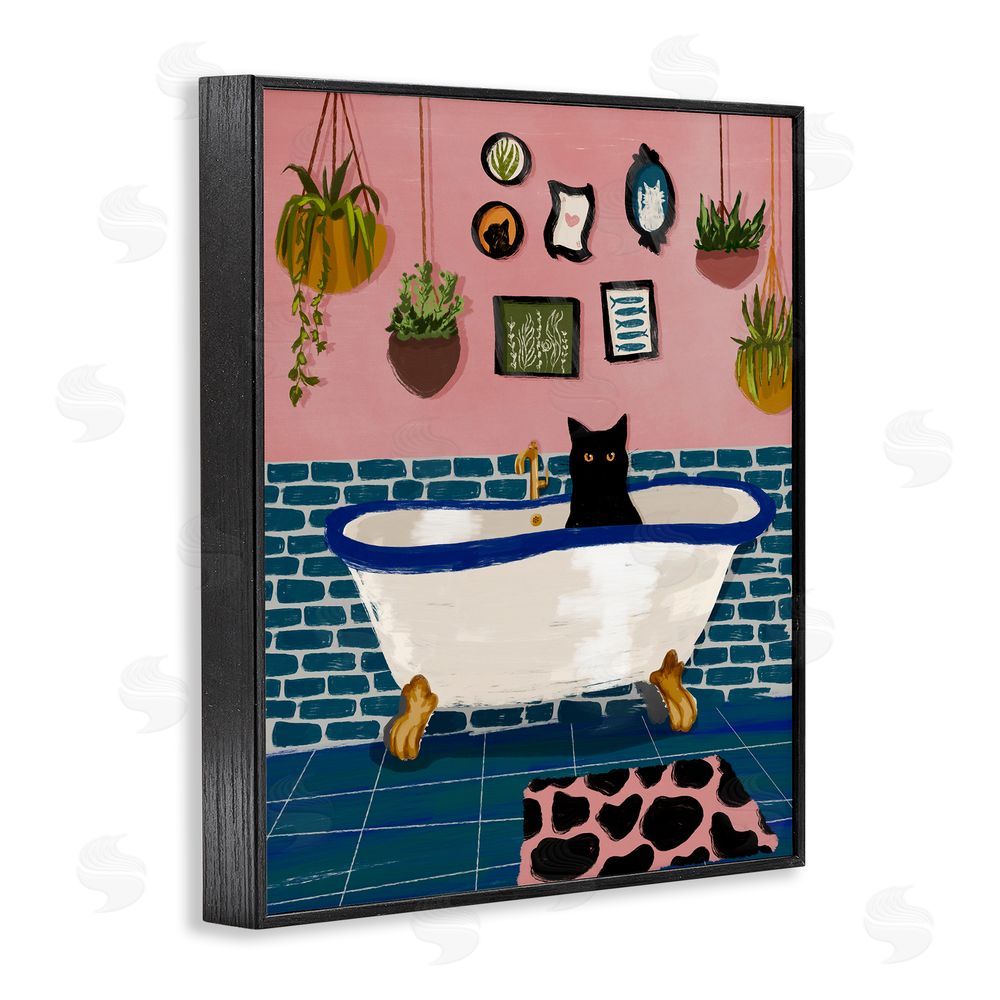 BigBadMullet Black Cat in Eclectic Tub Black Framed Giclee Wall Art Print