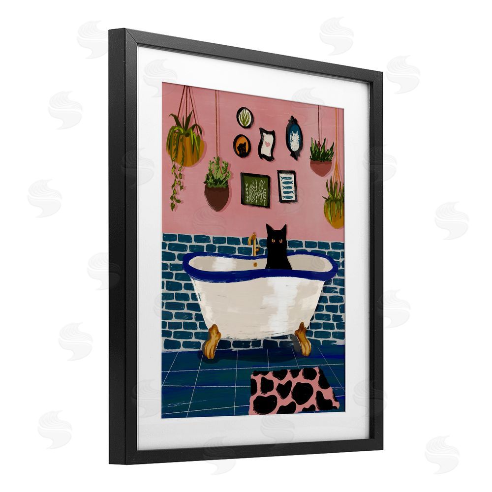BigBadMullet Black Cat in Eclectic Tub Black Framed Print Under Glass Wall Art
