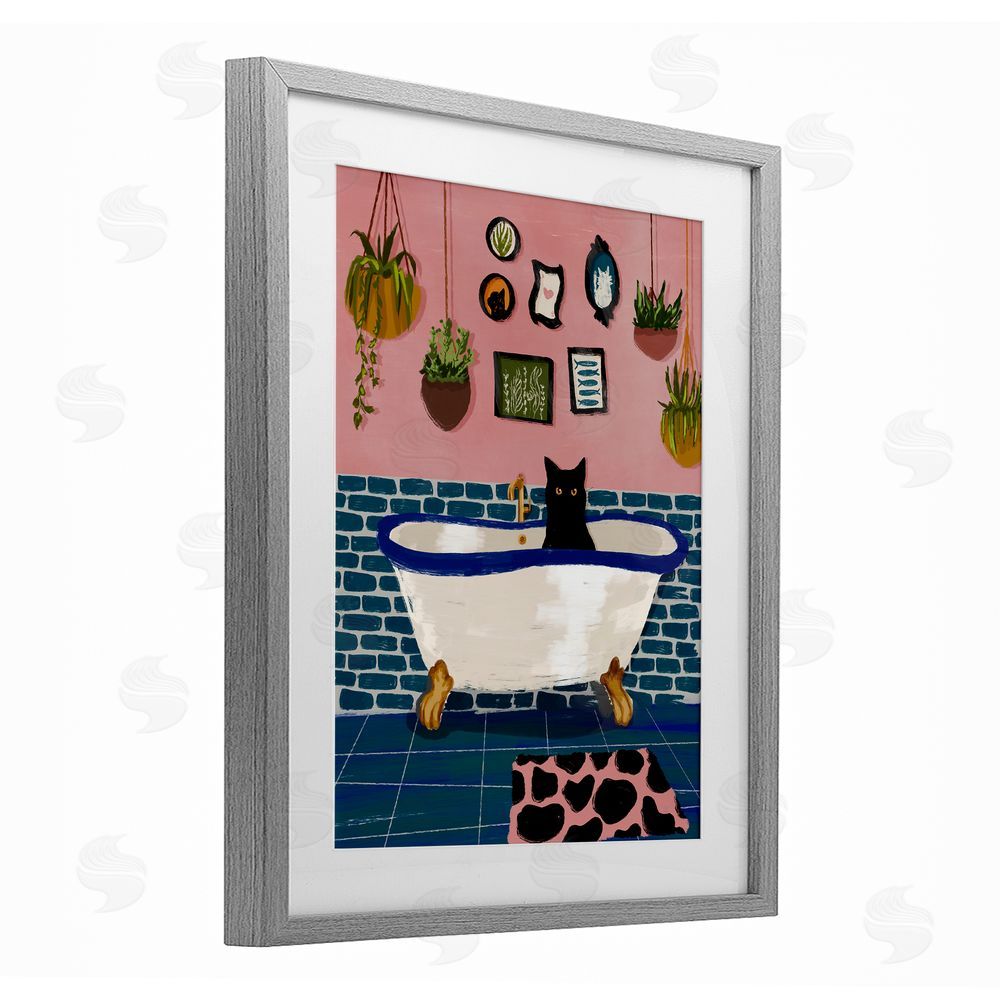 BigBadMullet Black Cat in Eclectic Tub Gray Framed Print Under Glass Wall Art