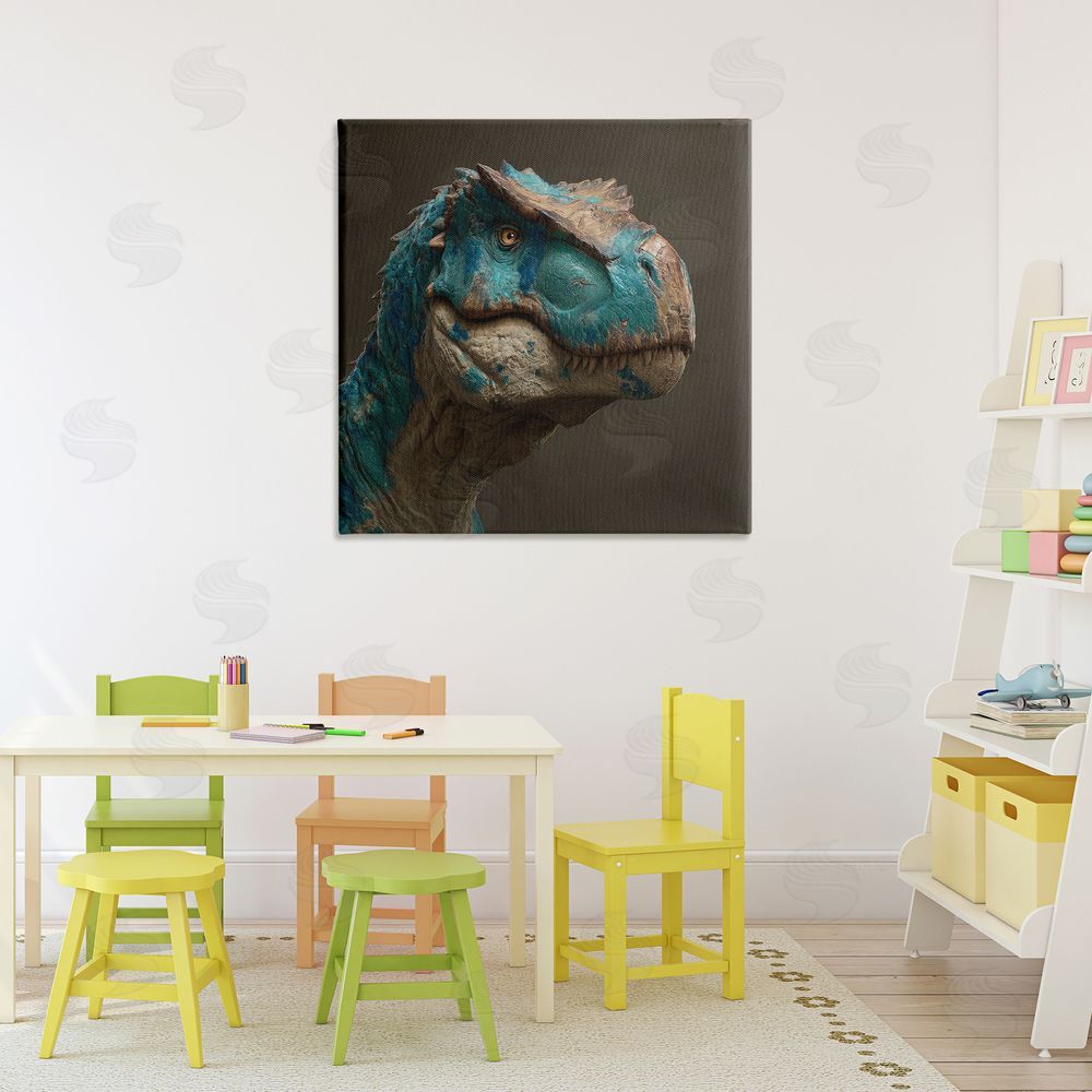 Wumples Cerulean Scaled Dinosaur Detail Stretched Canvas Wall Art in Room