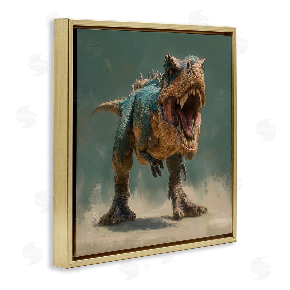 Wumples Roaring T-Rex in Green Gold Floating Frame Canvas Wall Art Print