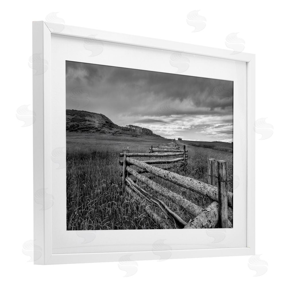 Jon Evan Weathered Fence to Distant Horizon White Framed Print Under Glass Wall Art