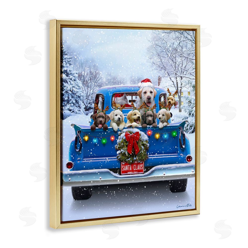 Jadei Graphics Christmas Tailgate Puppies Gold Floating Frame Canvas Wall Art Print