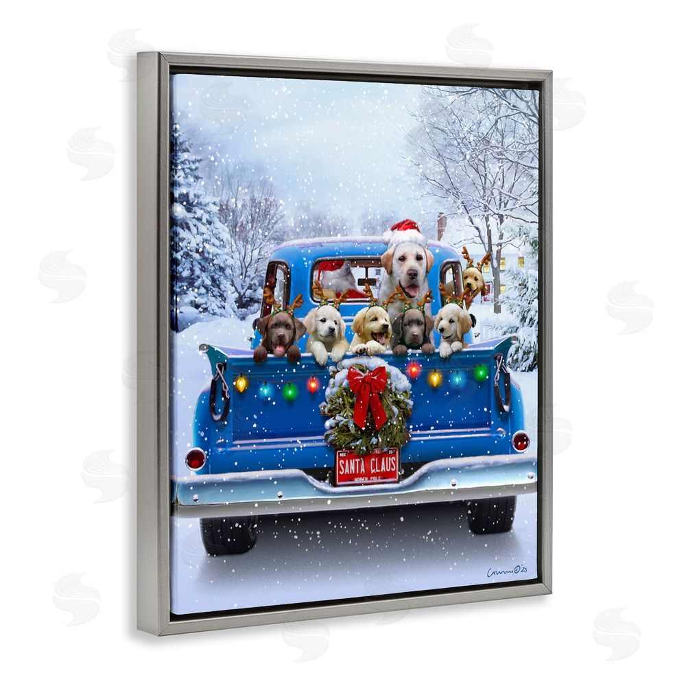 Jadei Graphics Christmas Tailgate Puppies Gray Floating Frame Canvas Wall Art Print