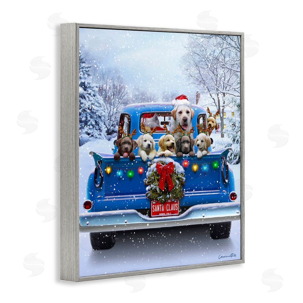 Jadei Graphics Christmas Tailgate Puppies Gray Framed Giclee Wall Art Print