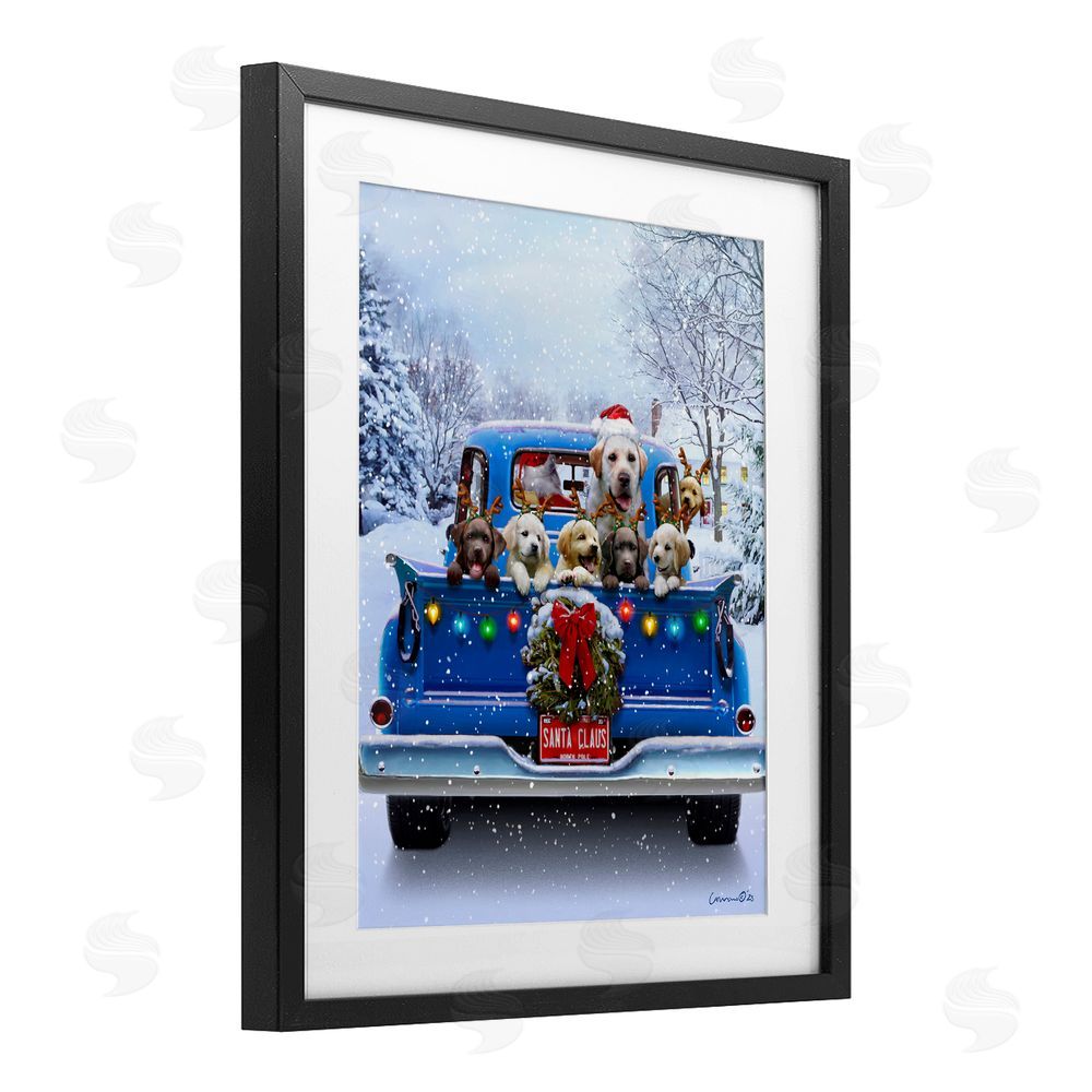 Jadei Graphics Christmas Tailgate Puppies Black Framed Print Under Glass with White Mat Wall Art