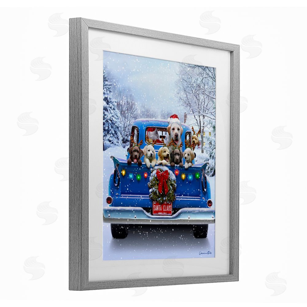 Jadei Graphics Christmas Tailgate Puppies Gray Framed Print Under Glass with White Mat Wall Art