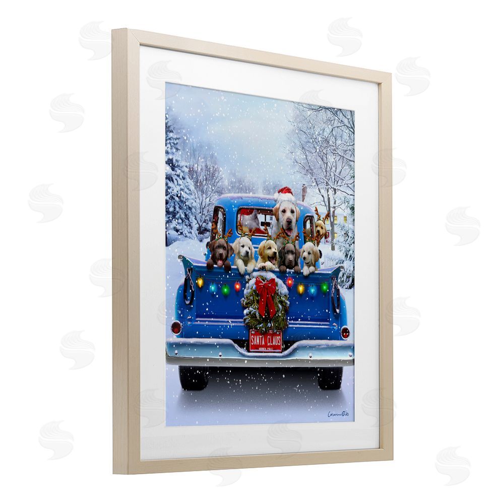 Jadei Graphics Christmas Tailgate Puppies Birch Framed Print Under Glass with White Mat Wall Art