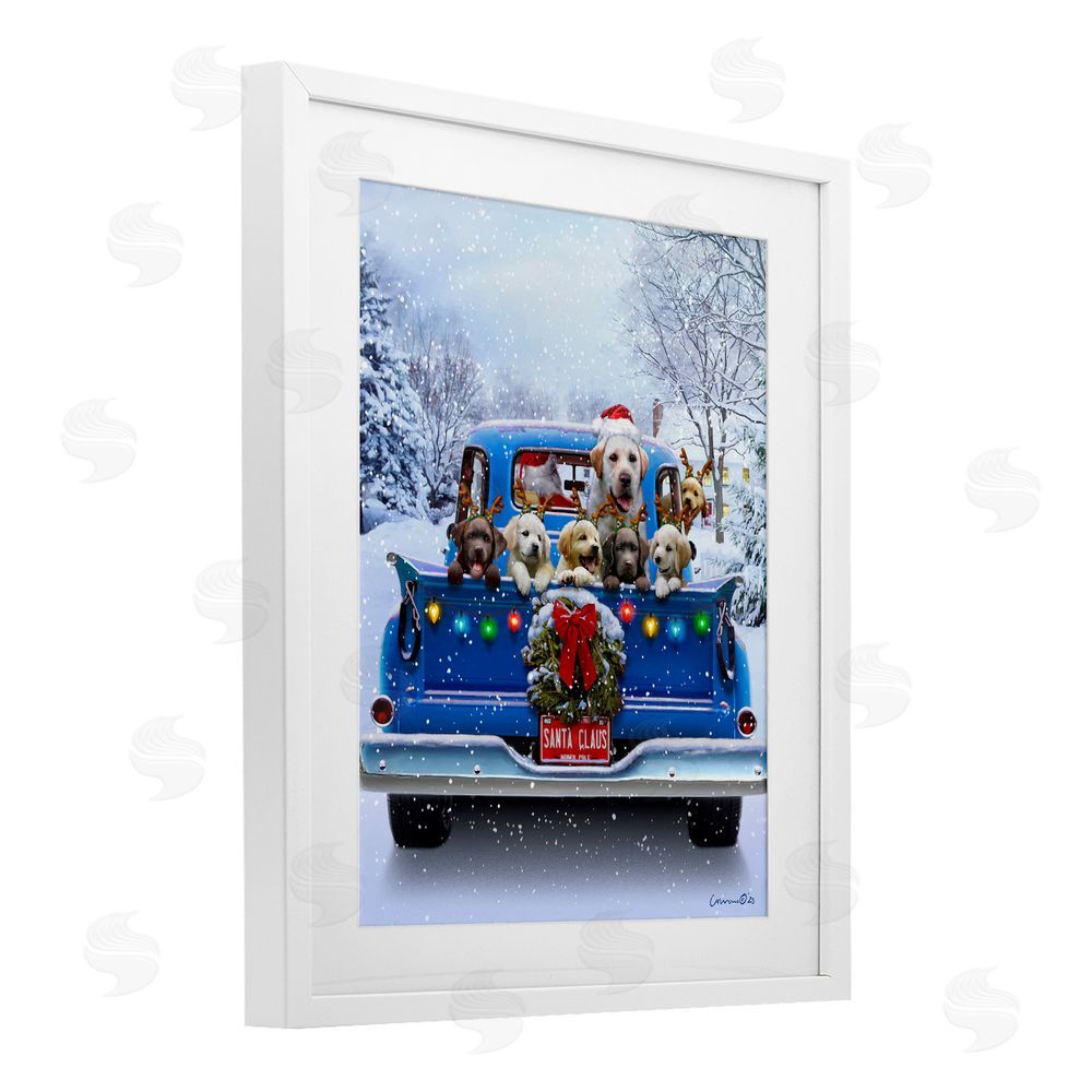 Jadei Graphics Christmas Tailgate Puppies White Framed Print Under Glass with Mat Wall Art