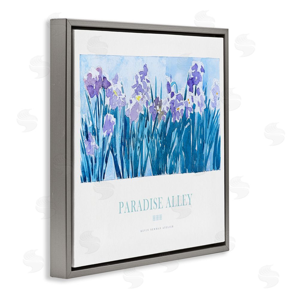 Jadei Graphics Paradise Alley Purple Irises Gray Floating Frame Canvas Wall Art Print