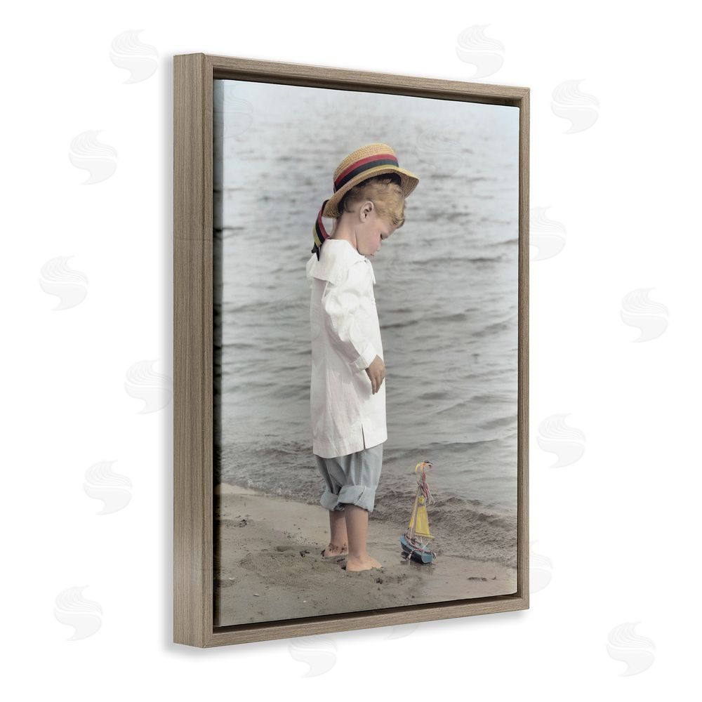 Kendra Dew Child on Beach Shore Brown Floating Frame Canvas Wall Art Print