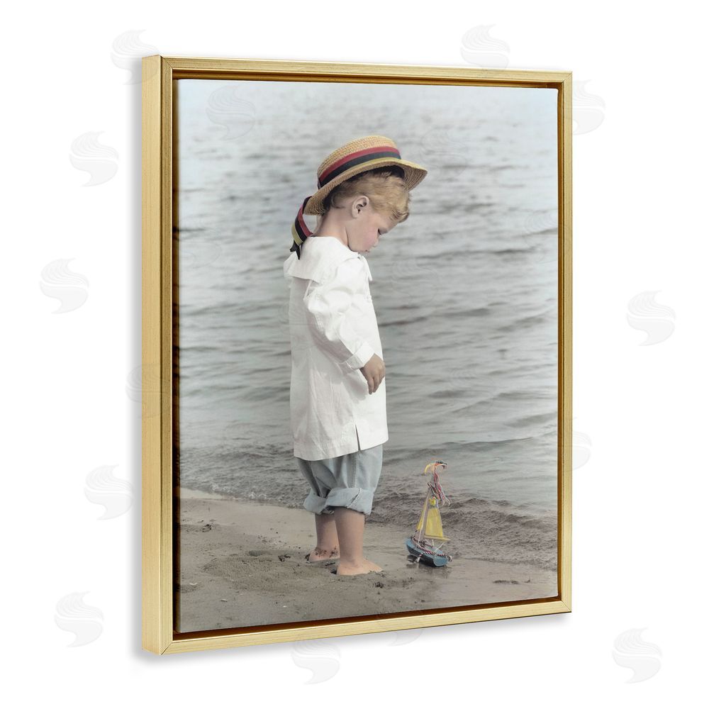 Kendra Dew Child on Beach Shore Gold Floating Frame Canvas Wall Art Print