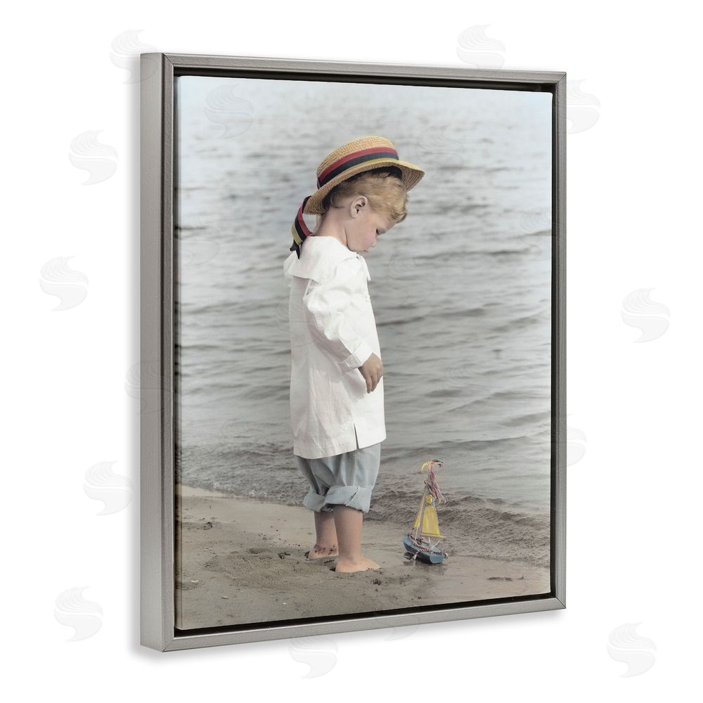 Kendra Dew Child on Beach Shore Gray Floating Frame Canvas Wall Art Print