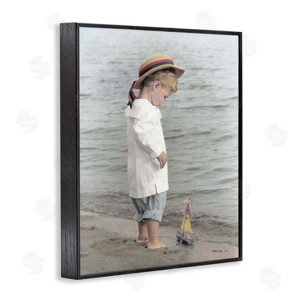 Kendra Dew Child on Beach Shore Black Framed Giclee Wall Art Print