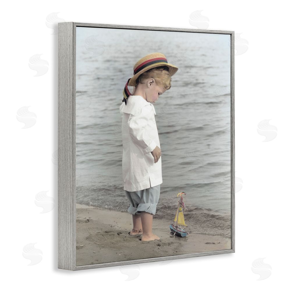 Kendra Dew Child on Beach Shore Gray Framed Giclee Wall Art Print