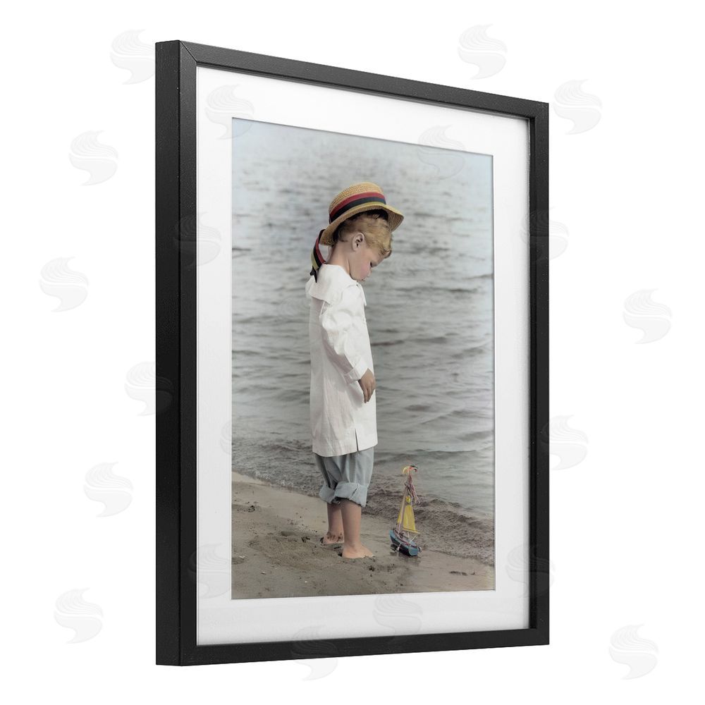 Kendra Dew Child on Beach Shore Black Framed Print Under Glass Wall Art