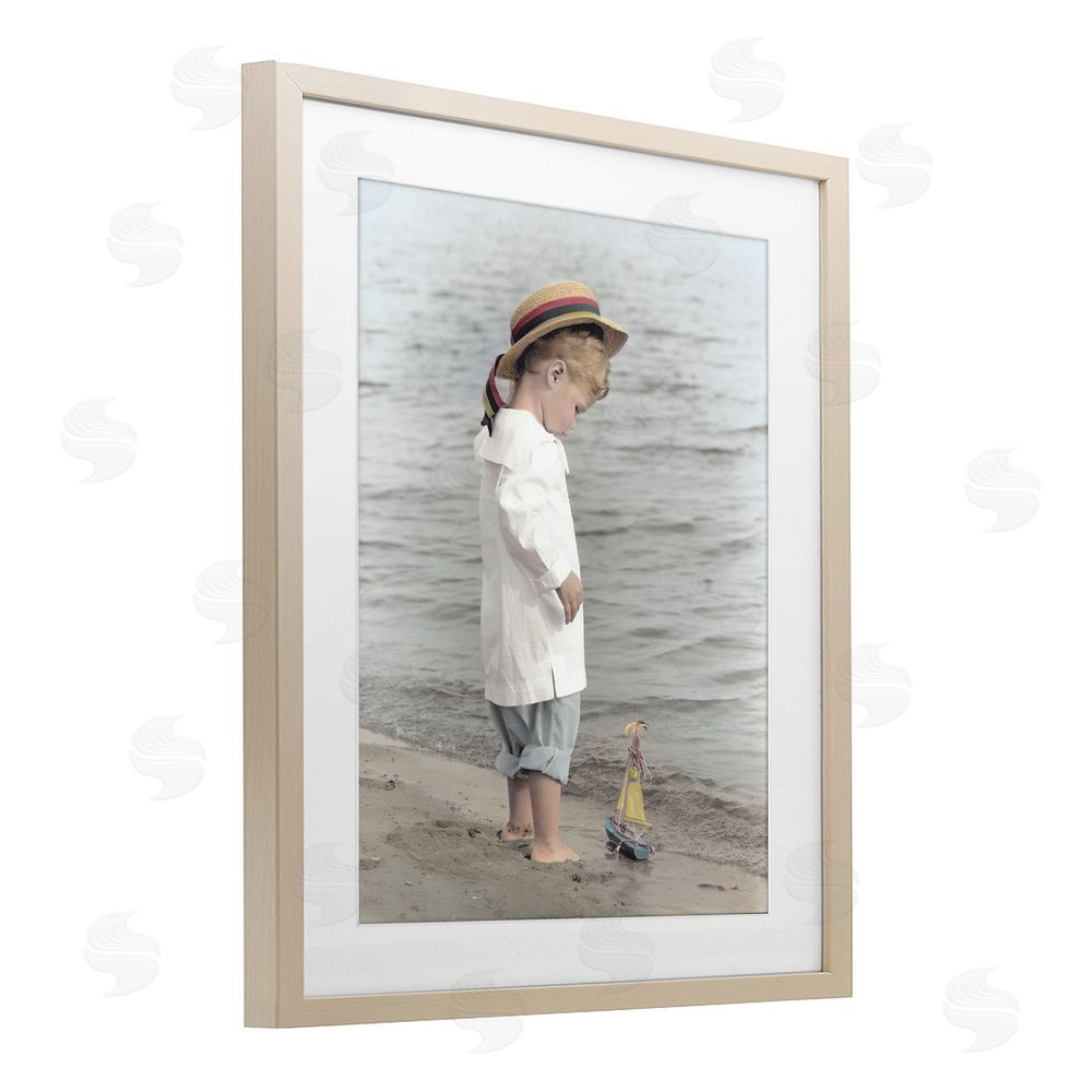 Kendra Dew Child on Beach Shore Brown Framed Print Under Glass Wall Art
