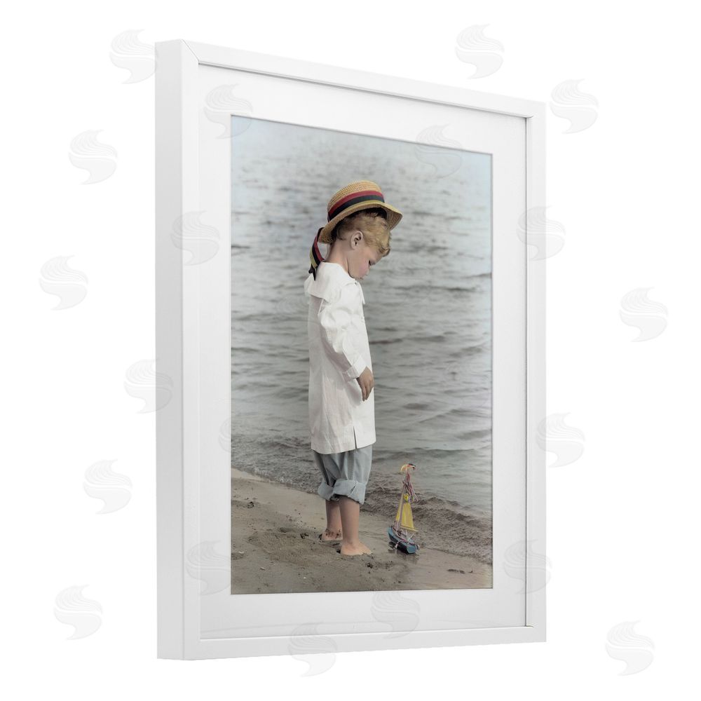 Kendra Dew Child on Beach Shore White Framed Print Under Glass Wall Art