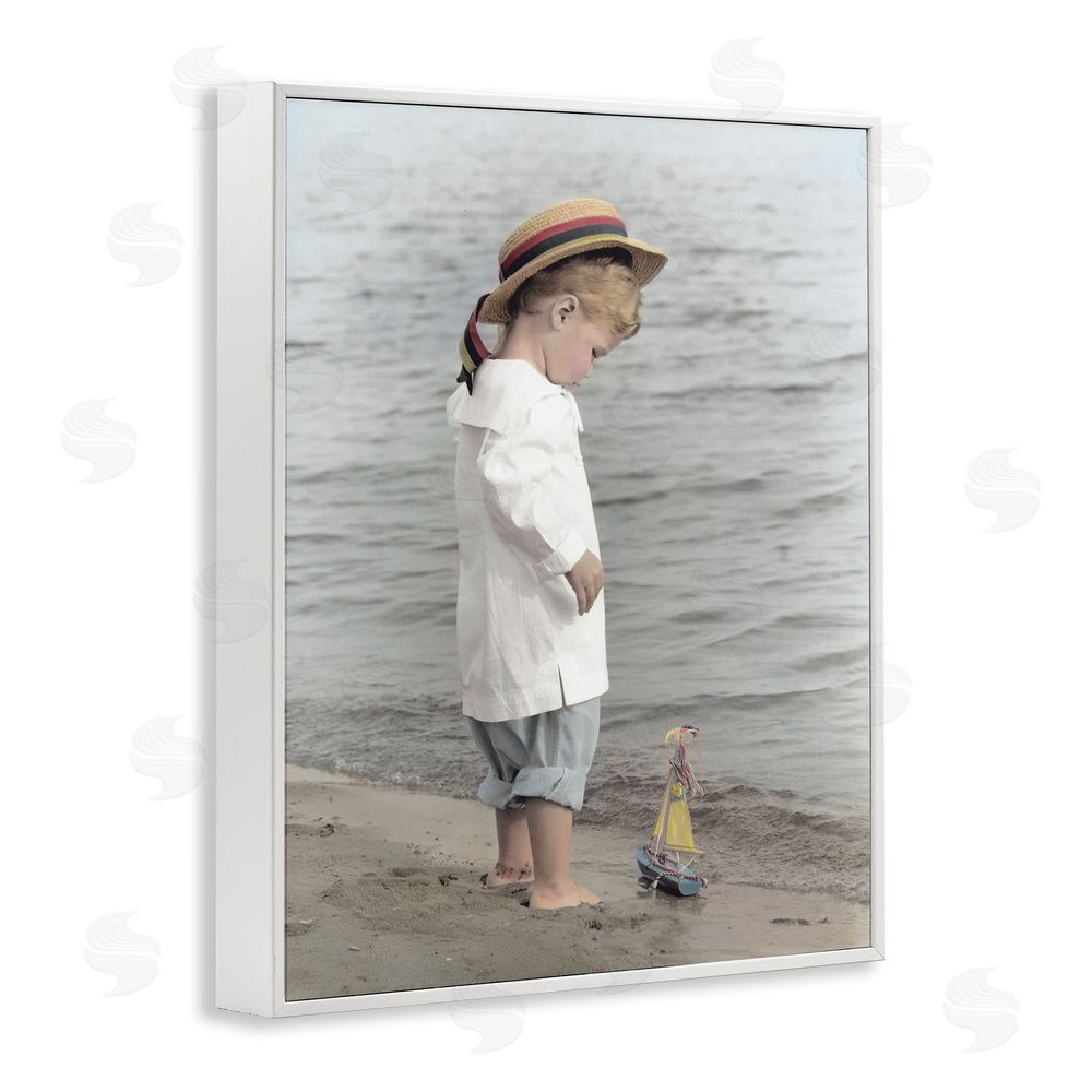 Kendra Dew Child on Beach Shore White Framed Giclee Wall Art Print