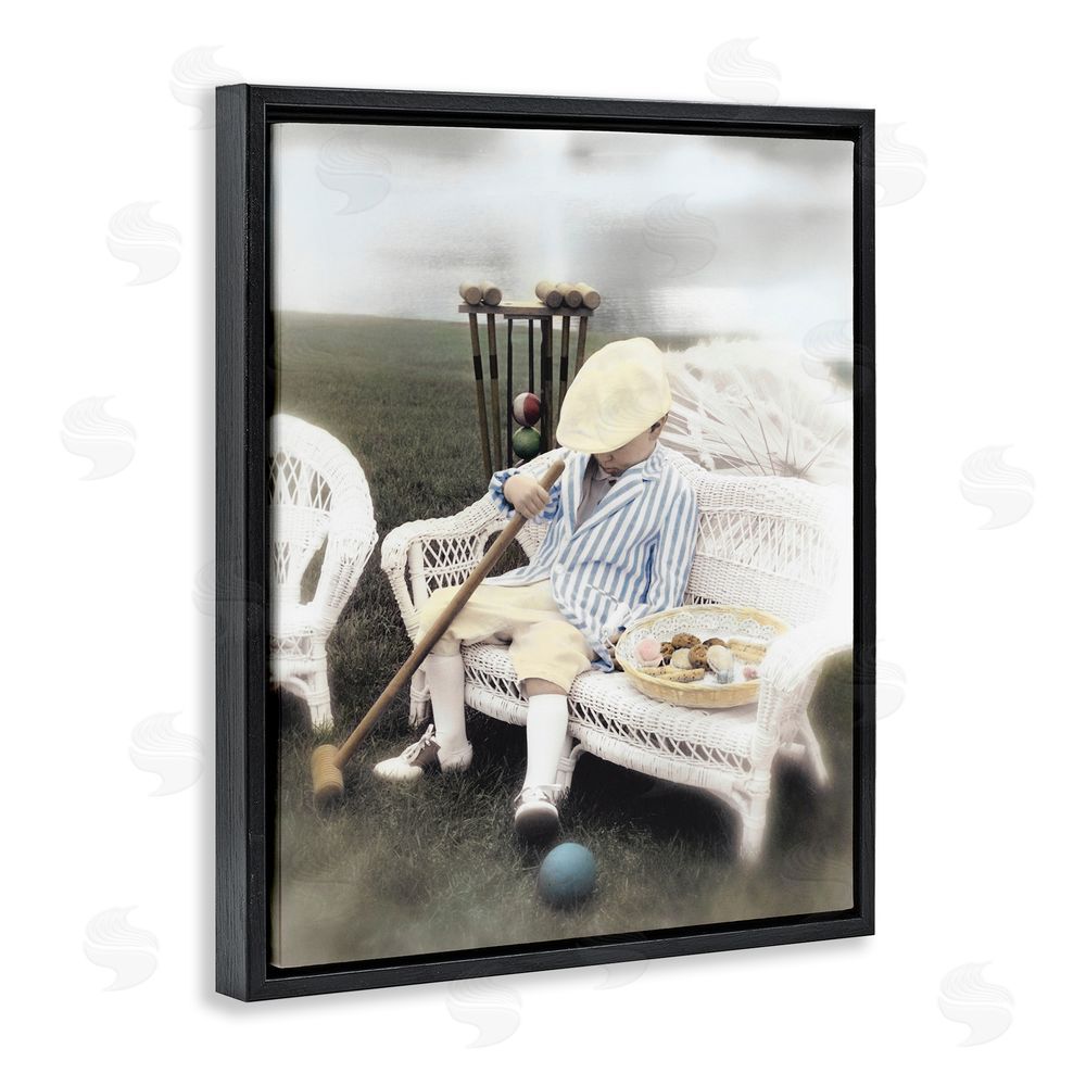 Kendra Dew Child with Croquet Mallet Black Floating Frame Canvas Wall Art Print