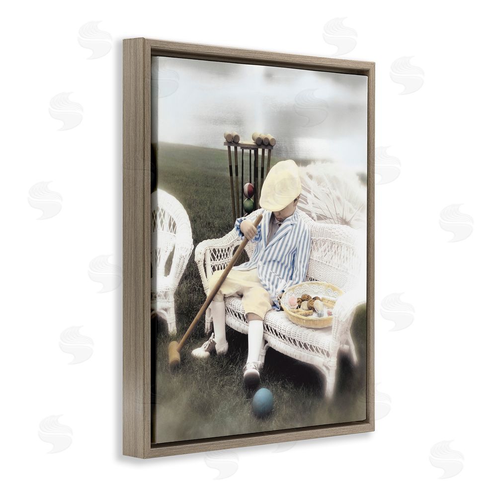 Kendra Dew Child with Croquet Mallet Brown Floating Frame Canvas Wall Art Print