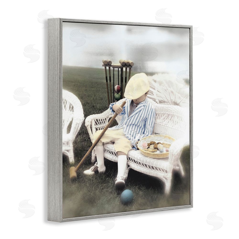 Kendra Dew Child with Croquet Mallet Gray Framed Giclee Wall Art Print