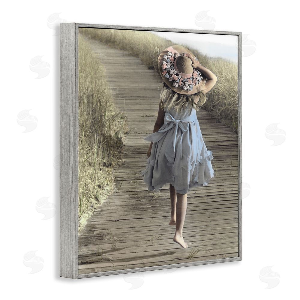 Kendra Dew Girl With Sun Hat Walking Gray Framed Giclee Wall Art Print