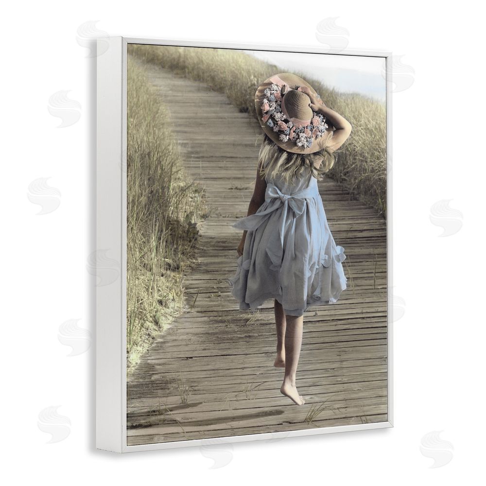 Kendra Dew Girl With Sun Hat Walking White Framed Giclee Wall Art Print