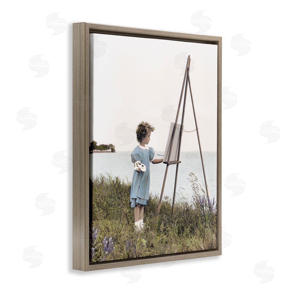 Kendra Dew Child Painting on Easel Brown Floating Frame Canvas Wall Art Print