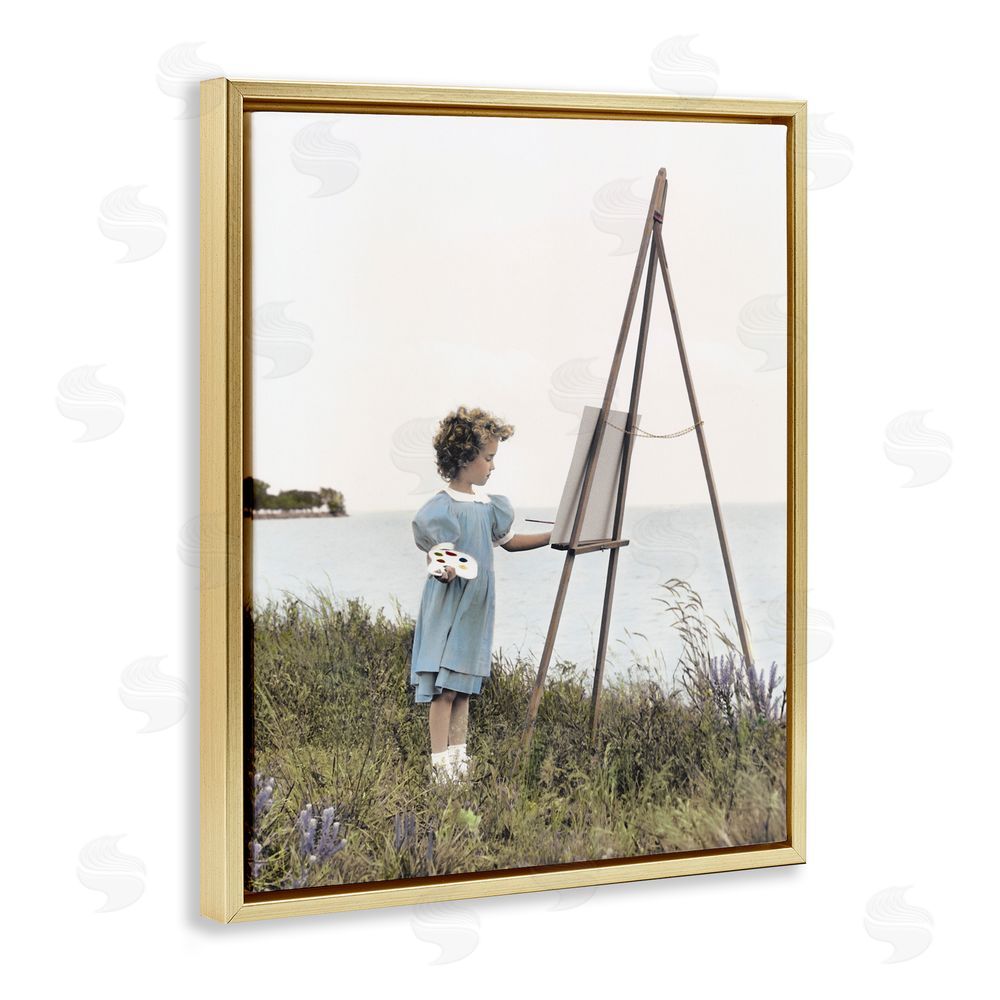 Kendra Dew Child Painting on Easel Gold Floating Frame Canvas Wall Art Print