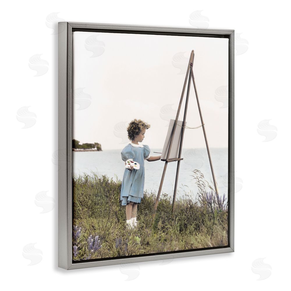 Kendra Dew Child Painting on Easel Gray Floating Frame Canvas Wall Art Print