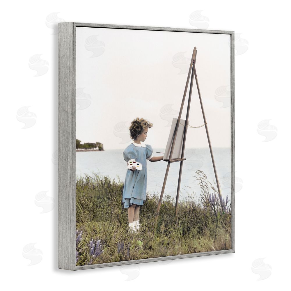 Kendra Dew Child Painting on Easel Gray Framed Giclee Wall Art Print