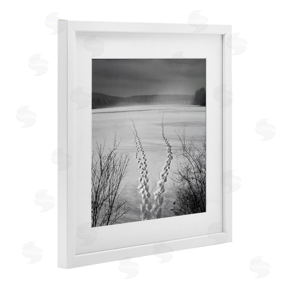 Chip Forelli Snowstep Tracks Across Frozen Lakes White Framed Print Under Glass with White Mat Wall Art