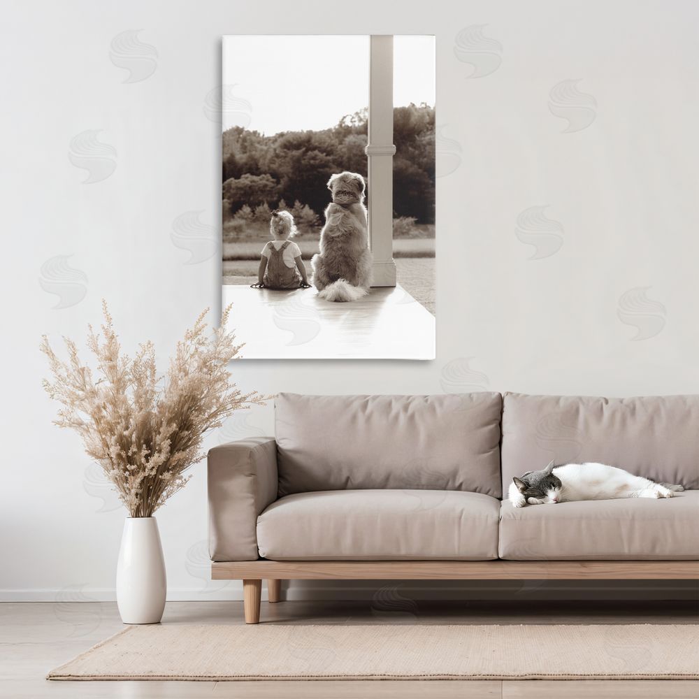 Kendra Dew Child And Dog Friendship Stretched Canvas Wall Art in Room