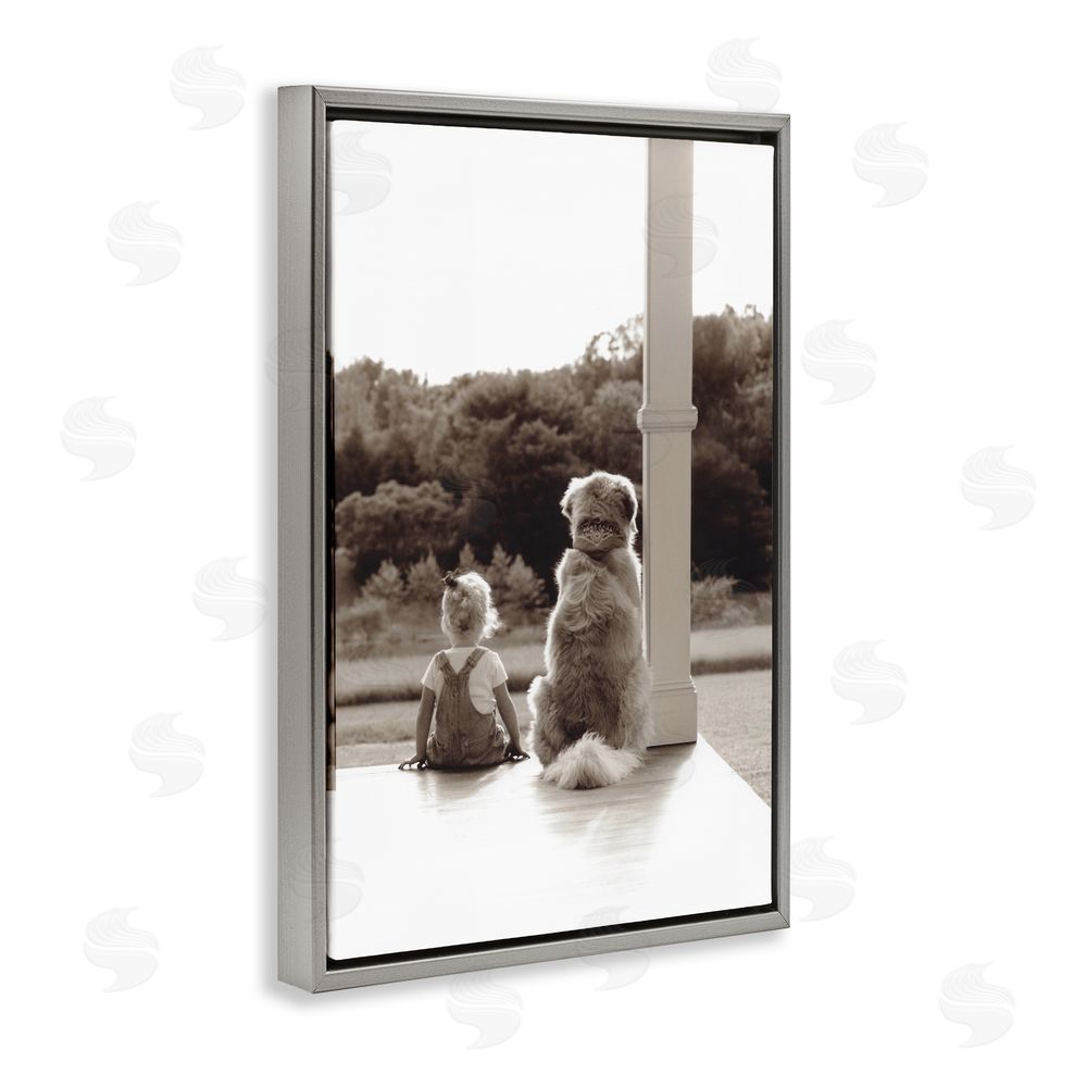 Kendra Dew Child And Dog Friendship Gray Floating Frame Canvas Wall Art Print