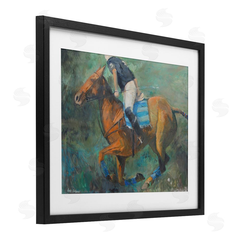 Jadei Graphics Polo Rider in Dynamic Motion Black Framed Print Under Glass Wall Art