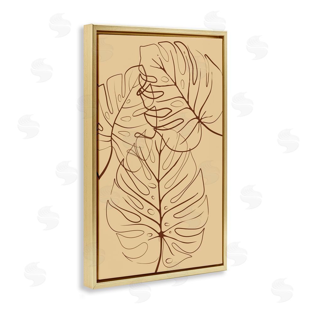 Martina Pavlova Autumn Monstera Leaf Contour Gold Floating Frame Stretched Canvas Wall Art Print