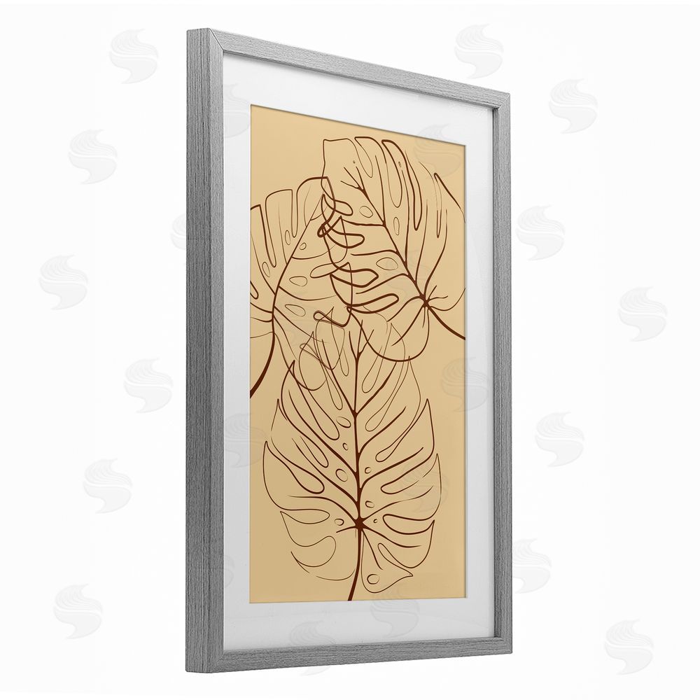 Martina Pavlova Autumn Monstera Leaf Contour Gray Framed Print Under Glass with Matting Wall Art