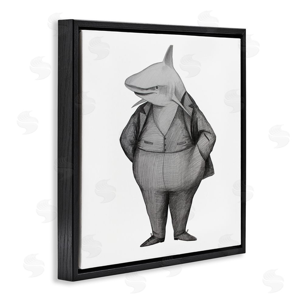Violeta Vollmer Shark In Suit Drawing Black Floating Frame Canvas Wall Art Print