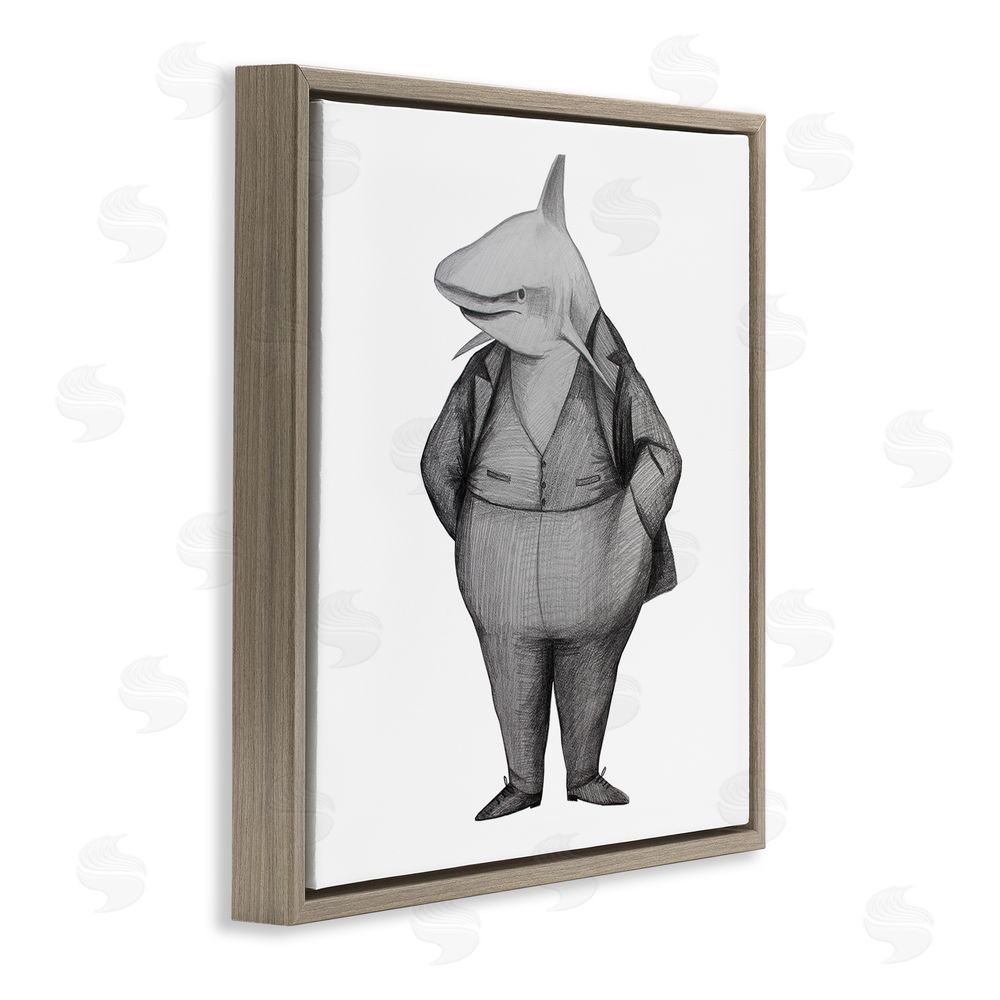 Violeta Vollmer Shark In Suit Drawing Brown Floating Frame Canvas Wall Art Print