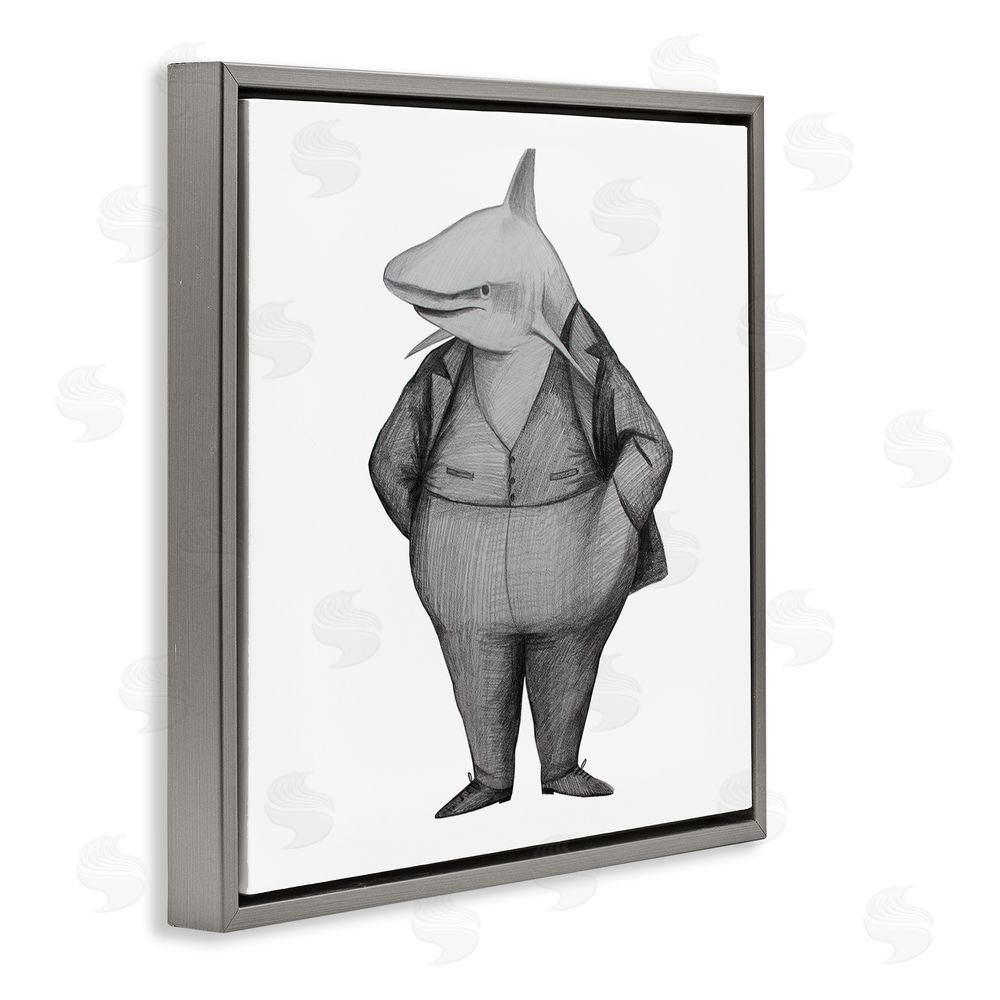 Violeta Vollmer Shark In Suit Drawing Gray Floating Frame Canvas Wall Art Print