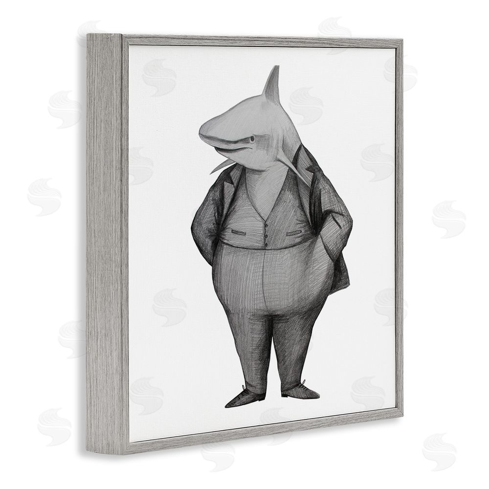 Violeta Vollmer Shark In Suit Drawing Gray Framed Giclee Wall Art Print